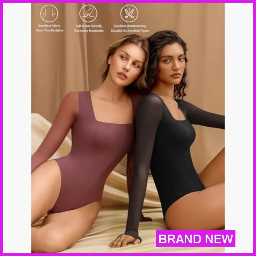 Long Sleeve Mesh Bodysuit Square Neck Elegant Y2K Chic Club Top Snap Closure